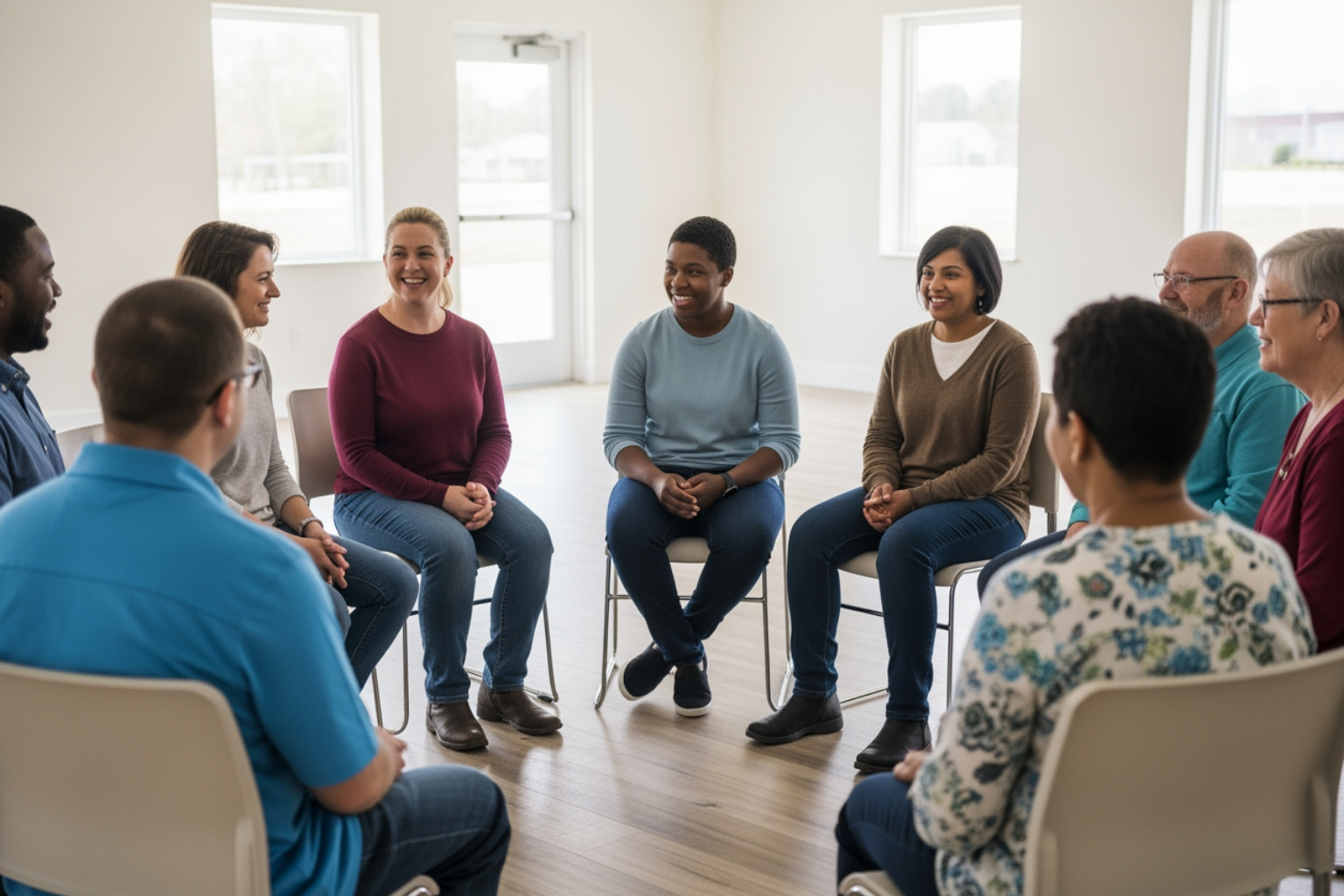 A diverse group of adults sitting in a circle of chairs in a bright community room, chatting and smiling - Disability A diverse group of adults sitting in a circle of chairs in a bright community room, chatting and smiling - Disability