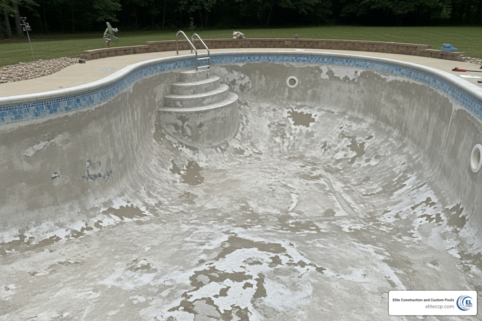 A Pool Shell Being Prepped For Resurfacing With Old Plaster Removed - Cost To Redo Gunite Pool A pool shell being prepped for resurfacing with old plaster removed - cost to redo gunite pool