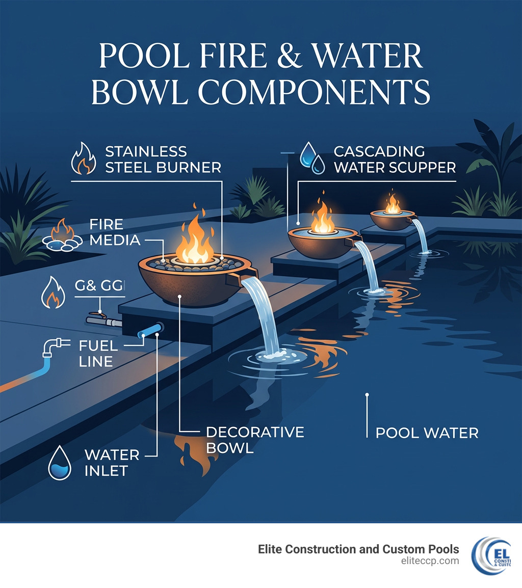 Components of a pool fire and water bowl system including burner, scupper, fuel line, and media - pool fire bowls near me