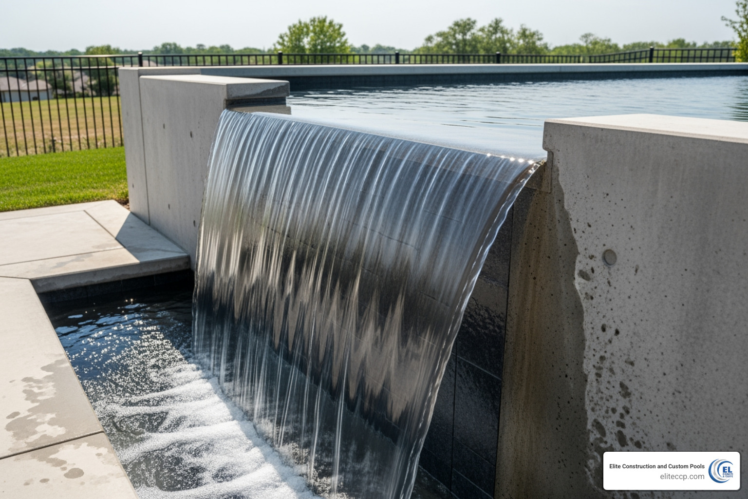Close-up of a pool catch basin and weir wall showing the spillover effect - vanishing edge pool designs