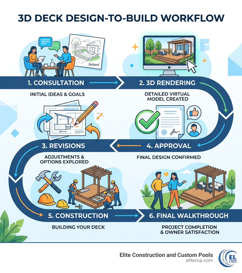 Infographic showing 3D deck design-to-build workflow: consultation, 3D rendering, revisions, approval, construction, final
