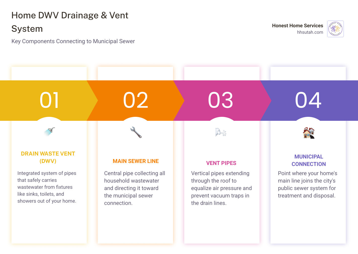 Infographic showing home DWV drainage and vent system with main sewer line connection to municipal sewer - clogged drain Infographic showing home DWV drainage and vent system with main sewer line connection to municipal sewer - clogged drain