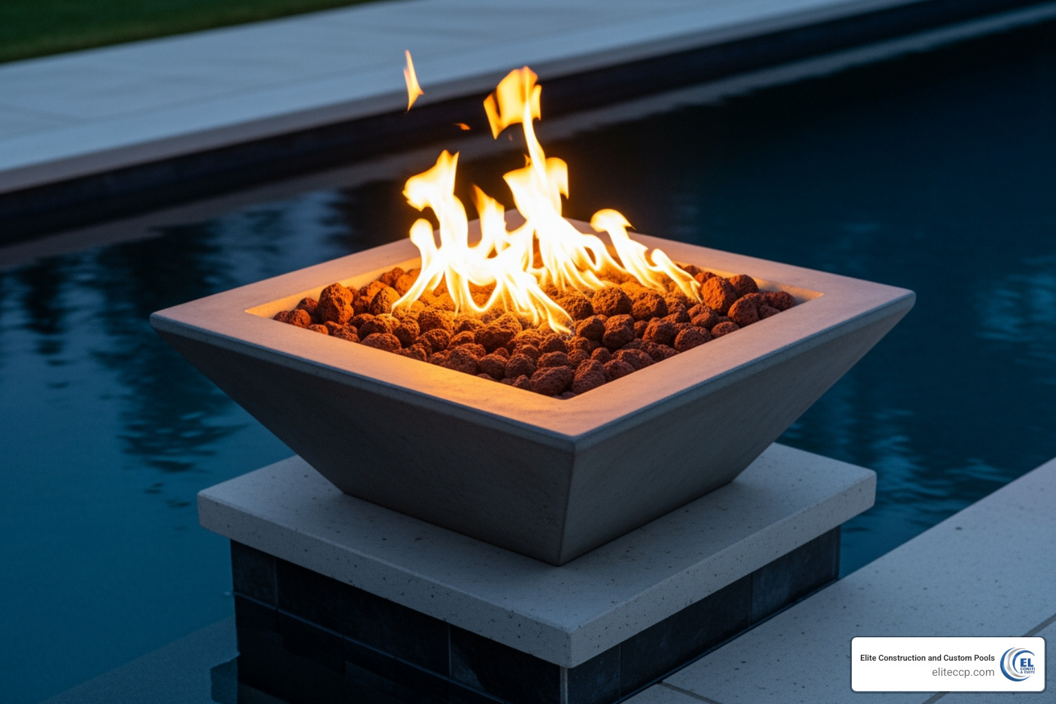 Square Concrete Fire Bowl With Lava Rocks On A Modern Pool Pedestal - Fire Bowls For Pool Near Me Square concrete fire bowl with lava rocks on a modern pool pedestal - fire bowls for pool near me