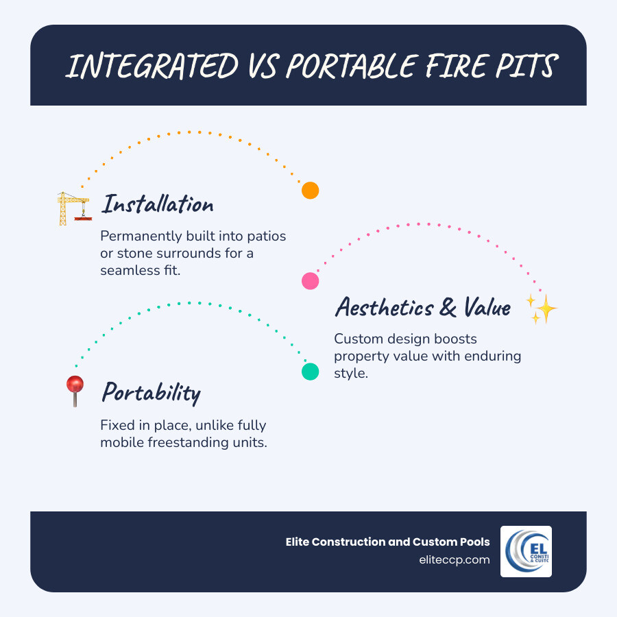 Infographic comparing integrated fire pits vs portable fire pits: key differences in installation, fuel, aesthetics, and