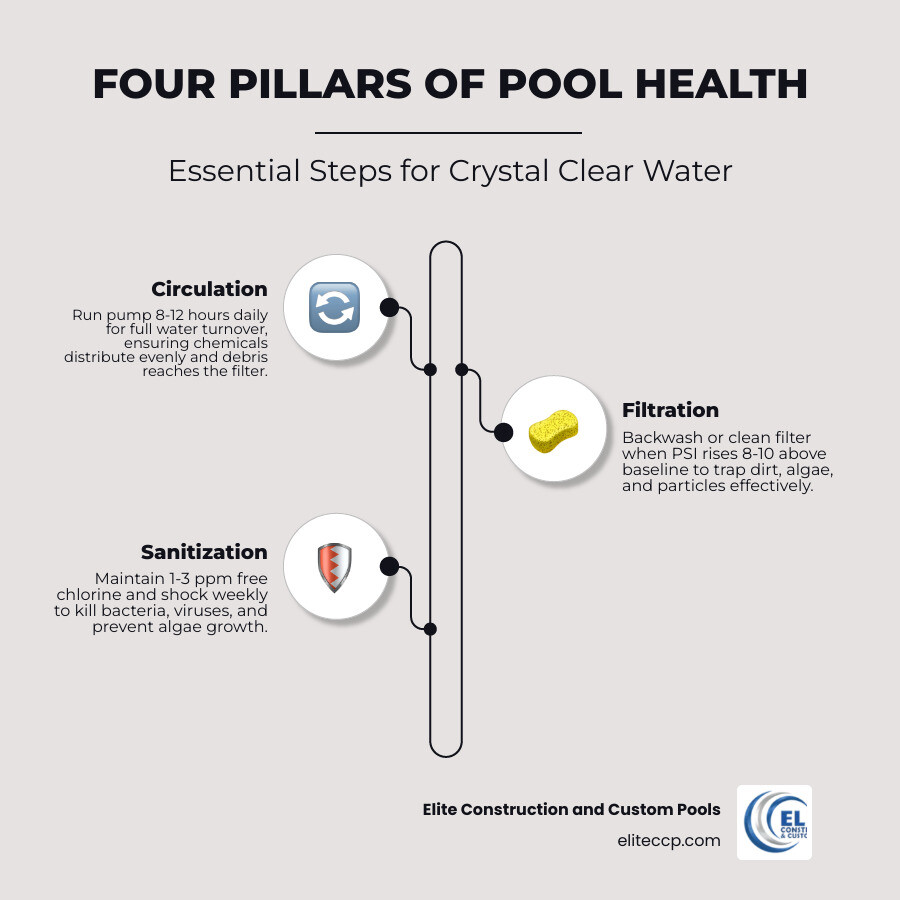 Four Pillars Of Pool Health: Circulation, Filtration, Sanitization, Cleaning With Key Tasks And Frequency - Swimming Pool Four pillars of pool health: Circulation, Filtration, Sanitization, Cleaning with key tasks and frequency - swimming pool