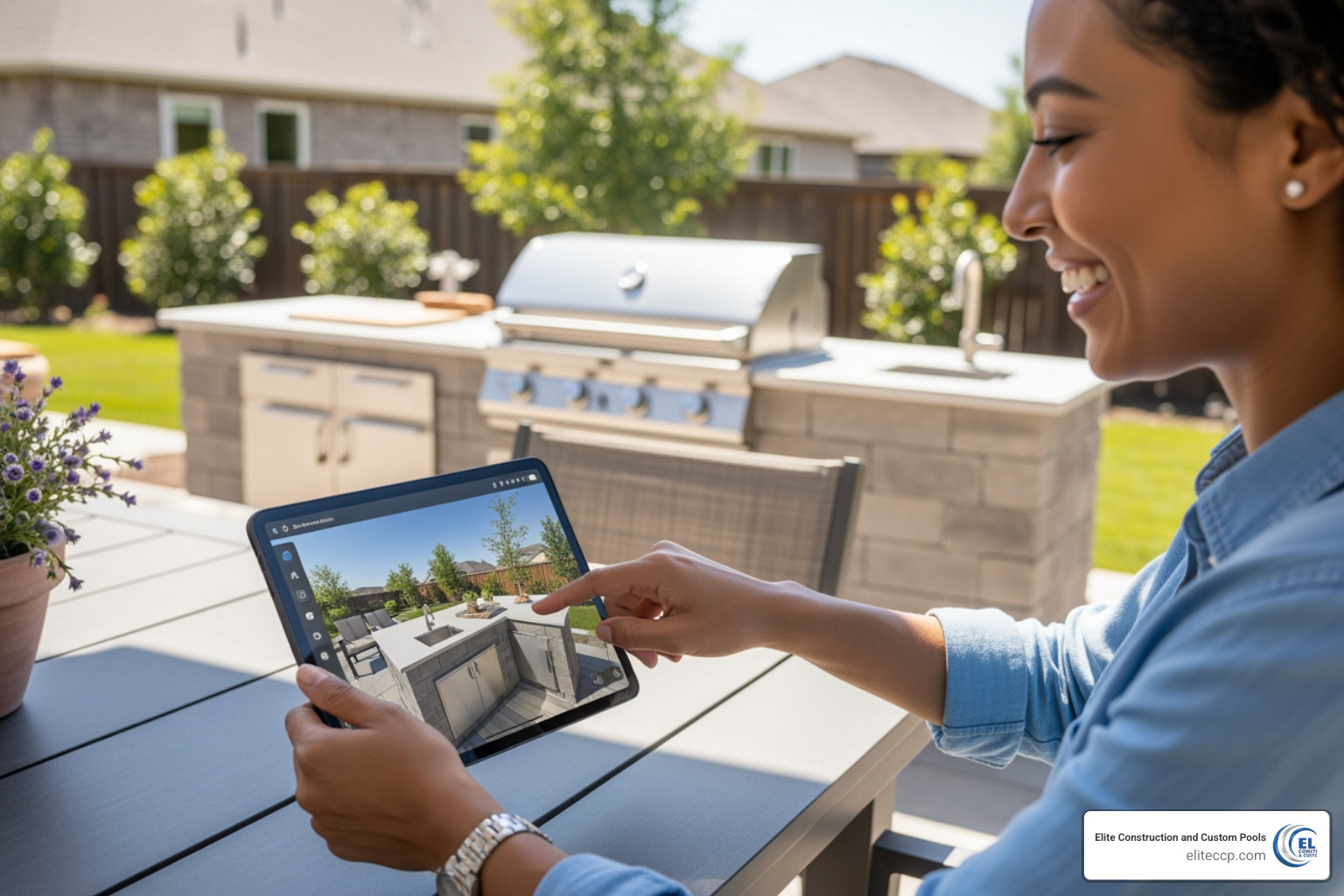 A homeowner using a 3D design app to visualize their new patio kitchen - 3D outdoor kitchen designs