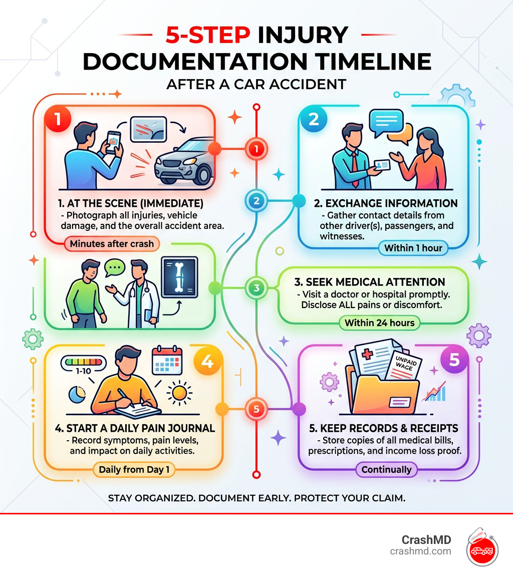 5-step injury documentation timeline after a car accident infographic - how to document injuries after a car accident 5-step injury documentation timeline after a car accident infographic - how to document injuries after a car accident