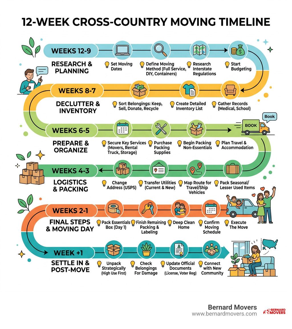 12-week cross-country moving timeline infographic showing planning stages from research to post-move tasks - relocating
