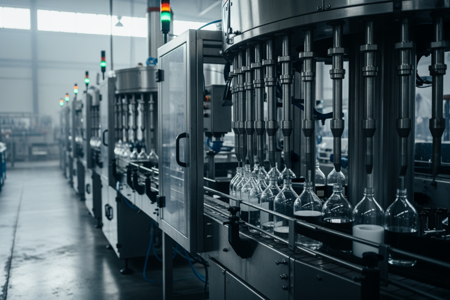 automated pharmaceutical bottle filling line with stainless steel equipment and soft industrial lighting - pharma contract