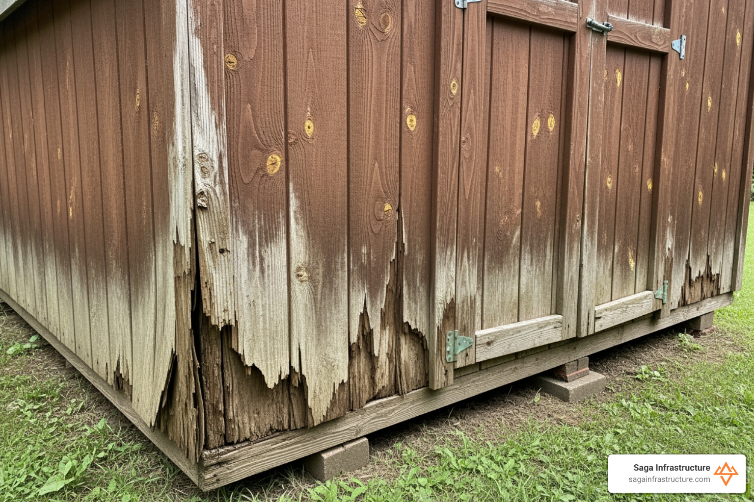 Shed with visible bottom rot and warped siding due to poor ground contact - site prep for shed