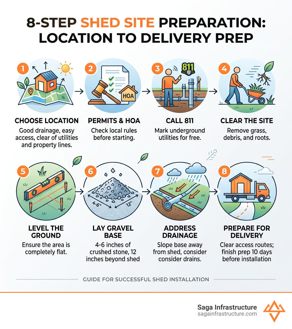 8-step shed site preparation infographic showing location selection through delivery prep - site prep for shed infographic 