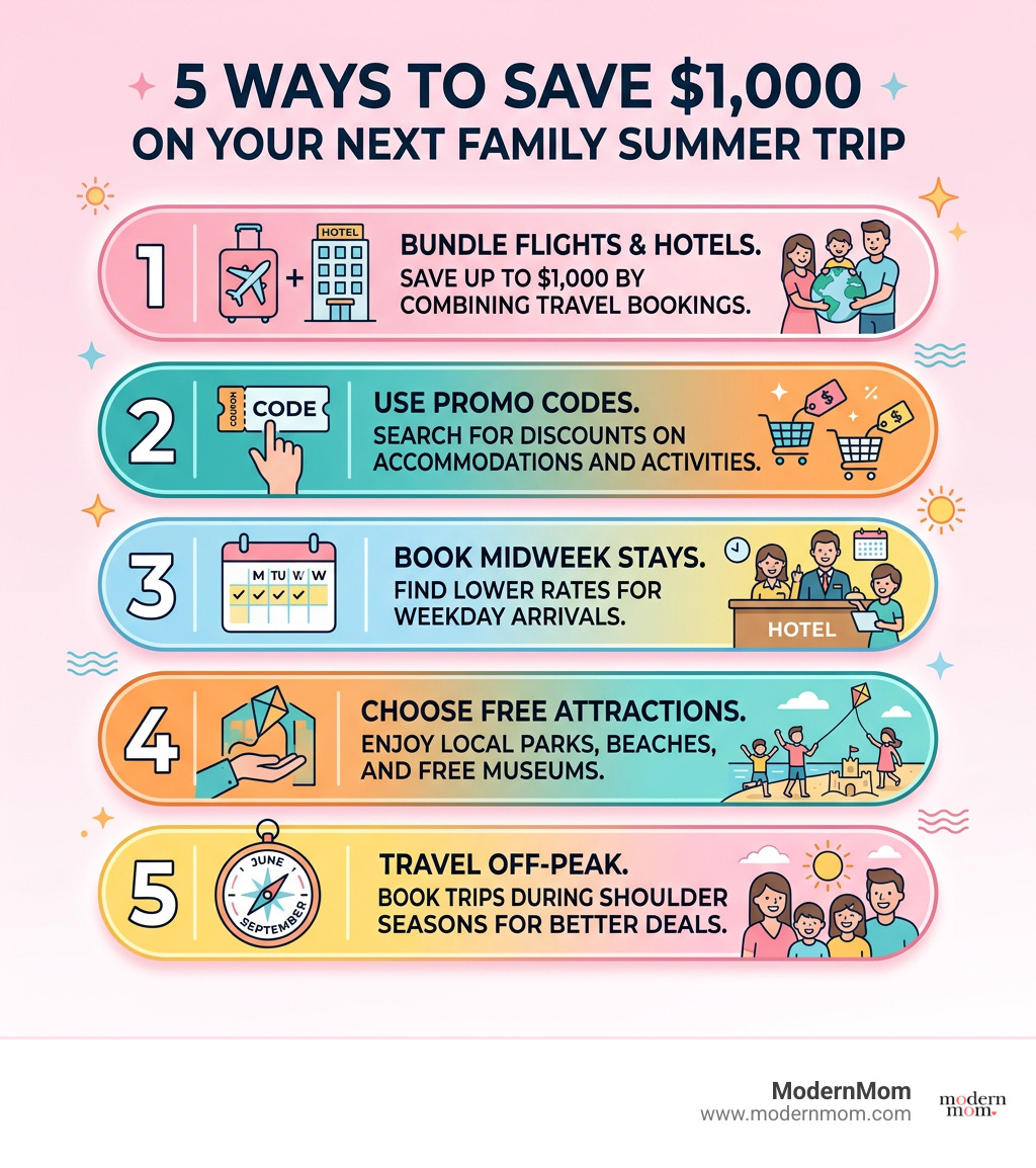 Infographic showing 5 ways to save $1,000 on your next family summer trip including bundling flights and hotels, using promo
