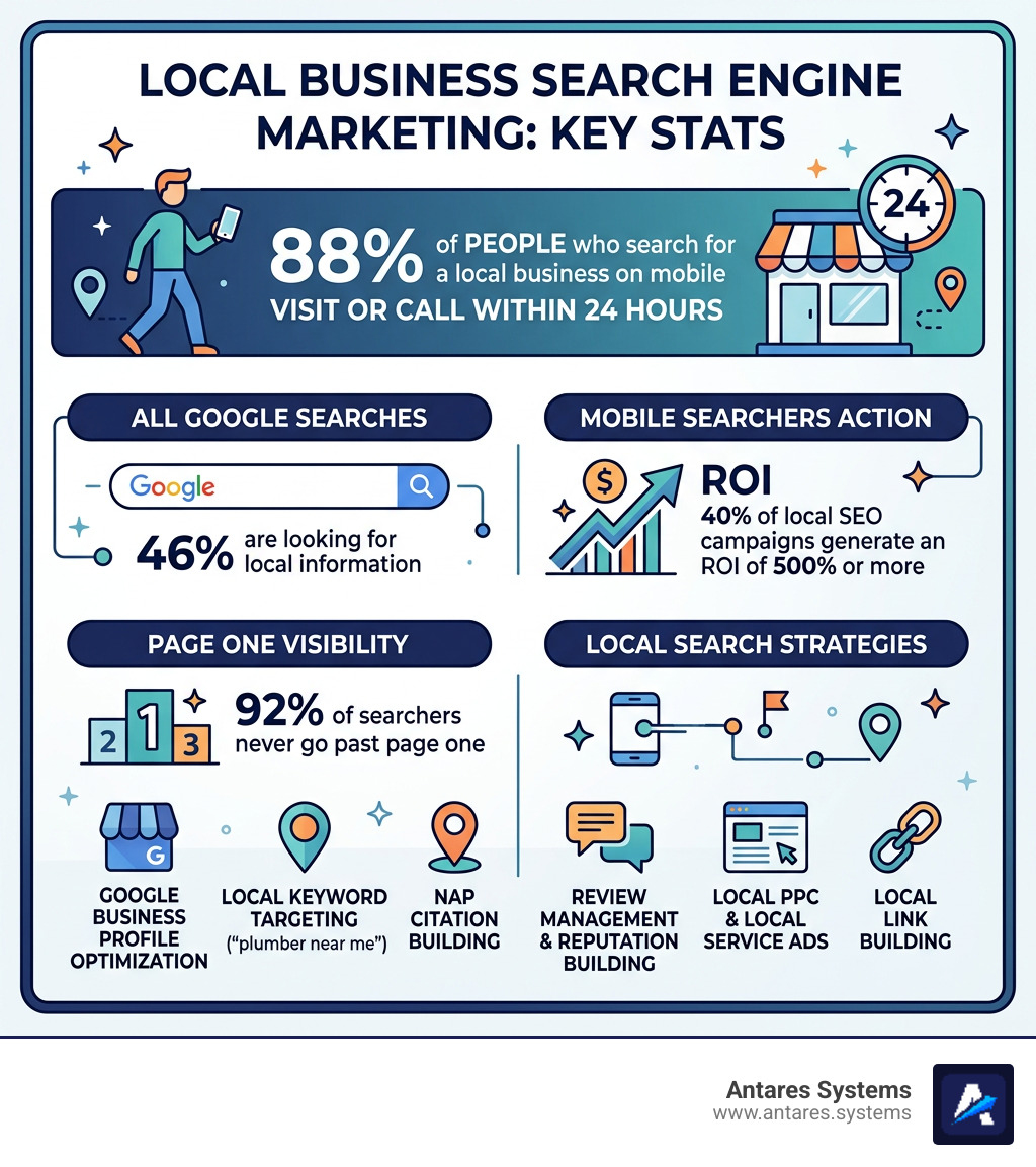 Infographic showing 88% of mobile local searchers visit a business within 24 hours and key local SEM stats - local business Infographic showing 88% of mobile local searchers visit a business within 24 hours and key local SEM stats - local business