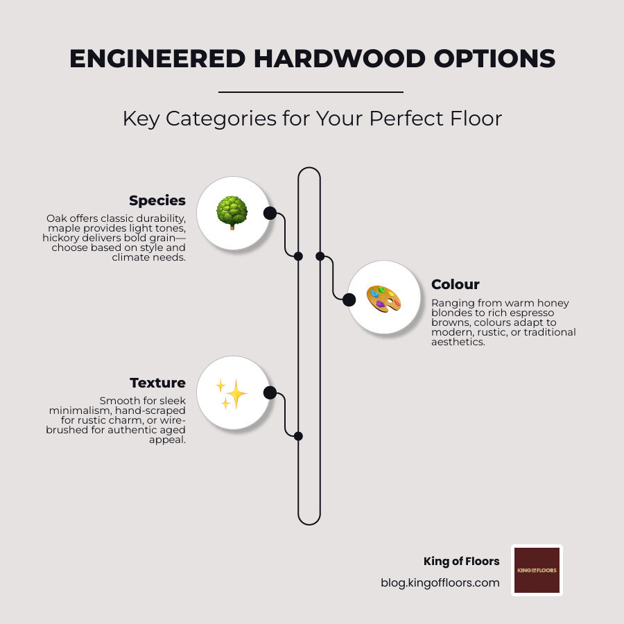 Infographic showing engineered hardwood flooring options by species, colour, texture, and best use cases - hardwood flooring