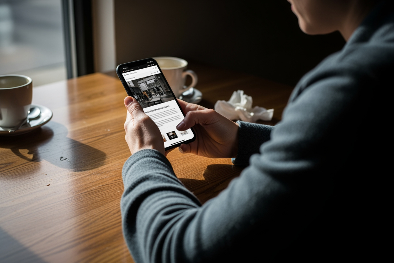 A person in a local coffee shop using a mobile phone to browse a responsive business website - website development and