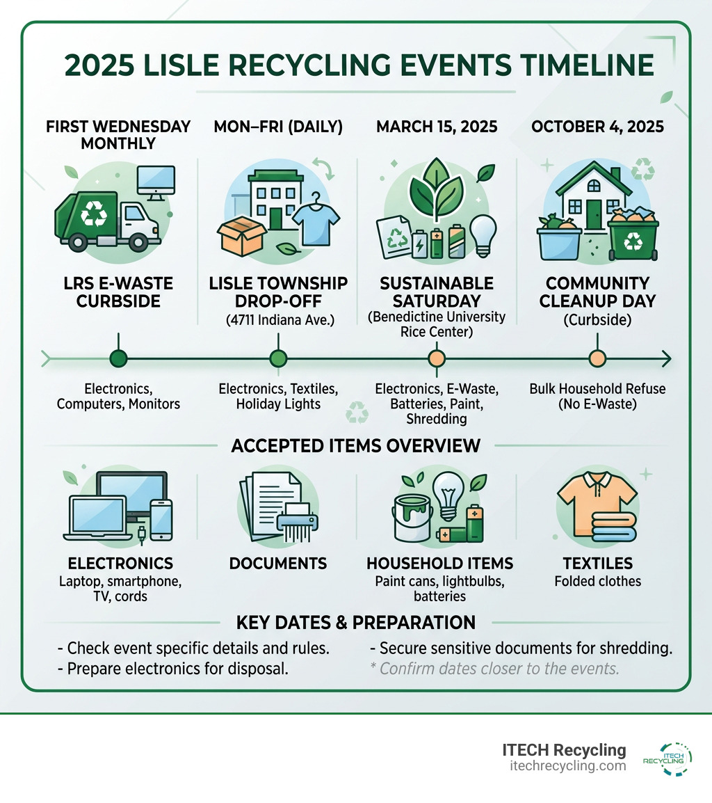 Infographic showing 2025 Lisle recycling events timeline with accepted items and key dates - lisle recycling event