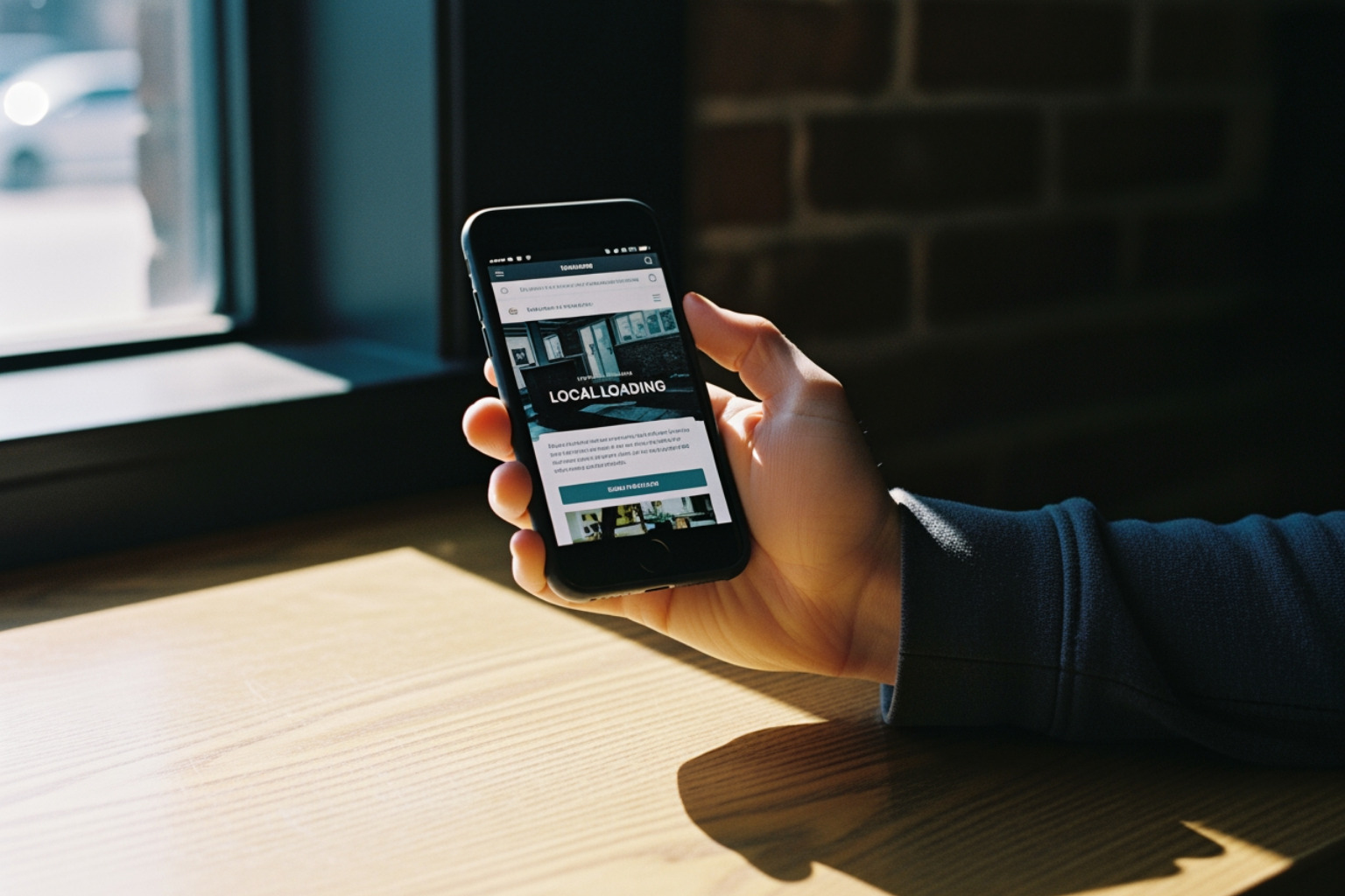 A hand holding a smartphone displaying a fast-loading local business website in a dim Indy cafe - Local SEO for Indianapolis A hand holding a smartphone displaying a fast-loading local business website in a dim Indy cafe - Local SEO for Indianapolis