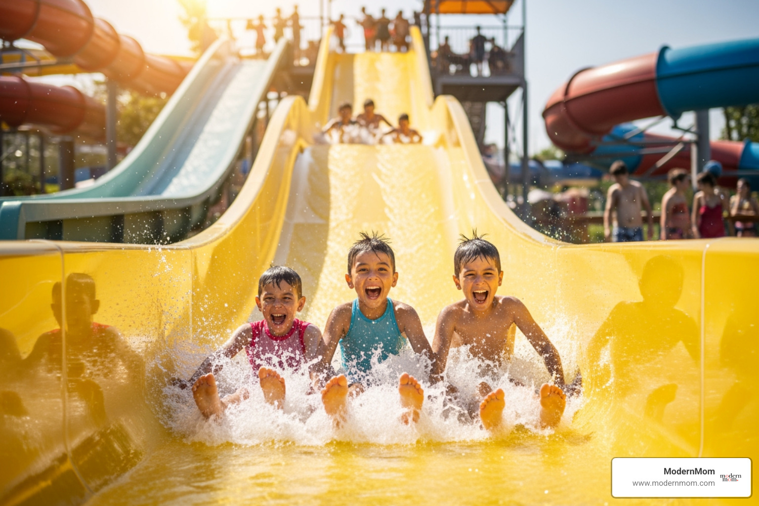 Happy children laughing as they slide down a bright yellow water slide at a theme park - Summer family deals