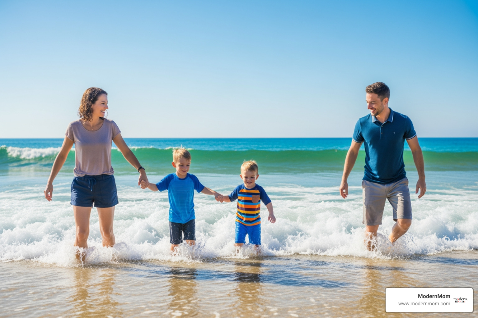 Summer family deals at the beach with happy family playing in ocean waves - Summer family deals