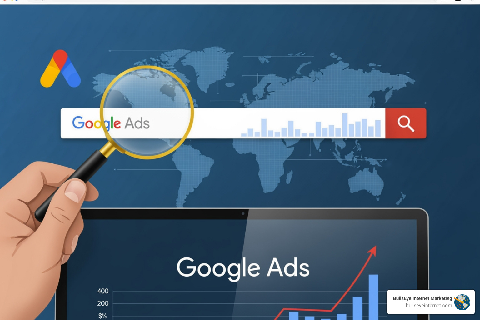 Google Shopping ads displayed on a mobile device showing product images and prices - google ads Hand holding magnifying glass over "Google Ads" search bar, with a world map background and a graph showing upward trend on a laptop screen, representing digital marketing strategies and Google Ads optimization.