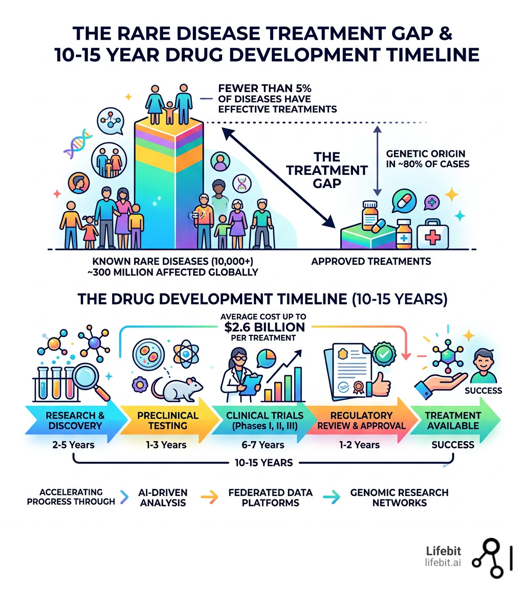 Rare disease treatment gap and 10-15 year drug development timeline infographic - rare disease research infographic Rare disease treatment gap and 10-15 year drug development timeline infographic - rare disease research infographic