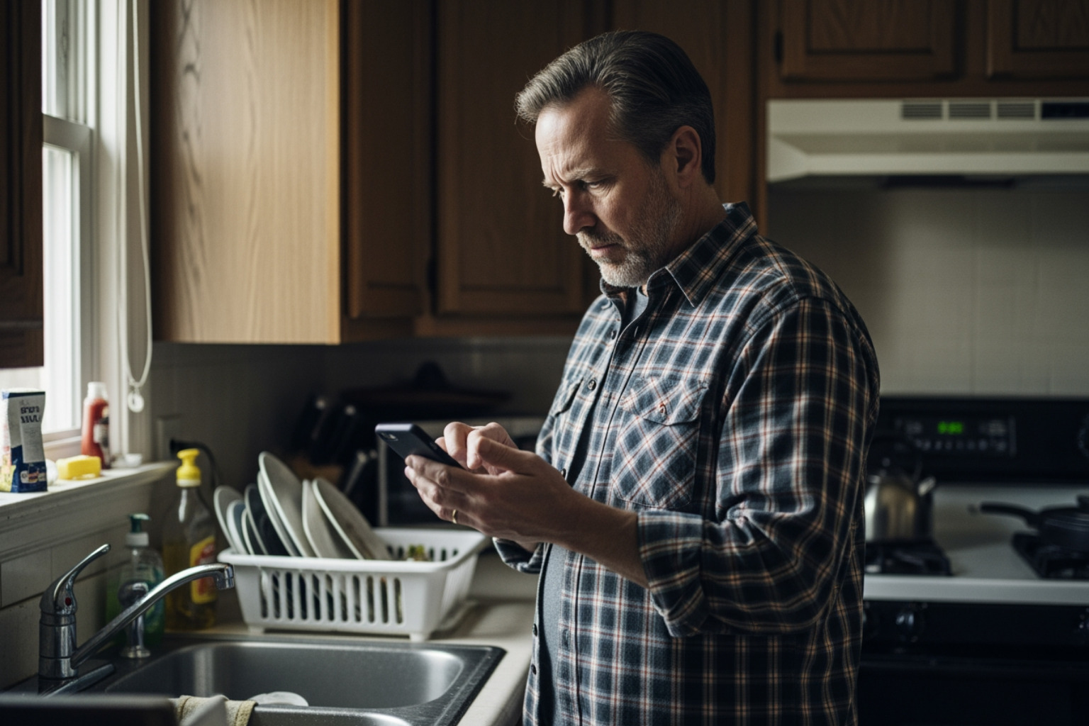 homeowner searching for a plumber on a mobile phone in a kitchen - plumbing company local seo