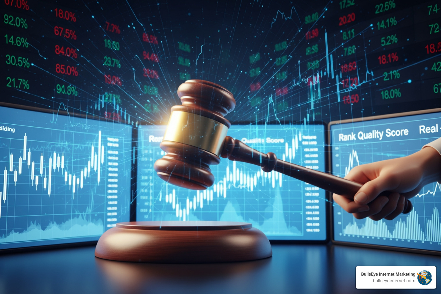 The Google Ads auction process showing how bids and quality scores combine to determine ad placement - google ads Gavel striking down with financial graphs and metrics in the background, symbolizing Google Ads auction mechanics and bidding strategies.