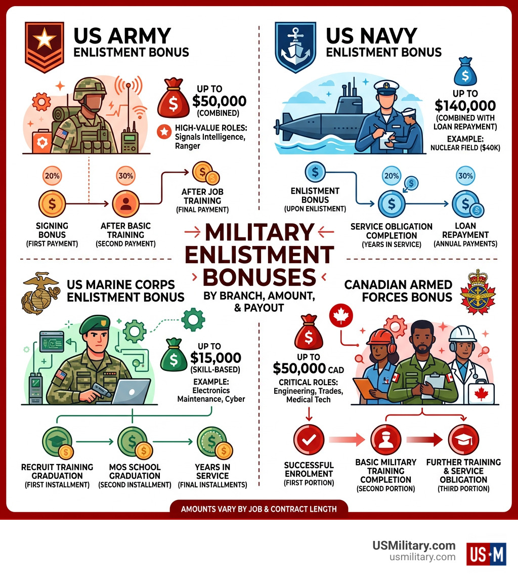 Types of military enlistment bonuses by branch, amount, and payout structure - Military enlistment bonus infographic 