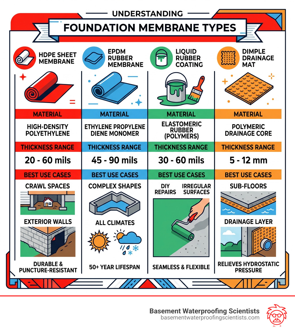 infographic showing foundation membrane types, materials, thickness ranges, and best use cases - foundation membrane