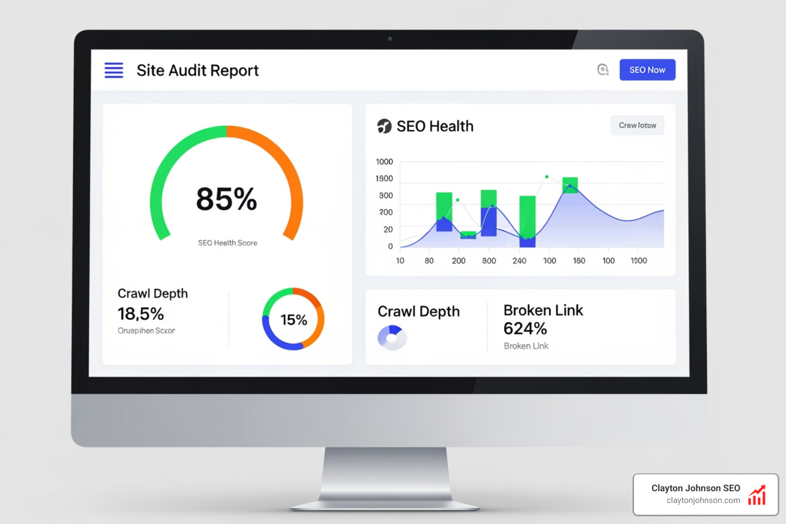 site audit report graphic showing health score, crawl depth, and broken link count - content architecture seo technical