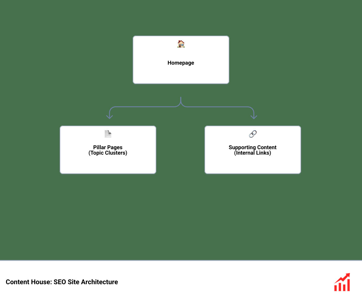 Content house analogy infographic showing site hierarchy, topic clusters, internal linking, and crawl depth levels - content