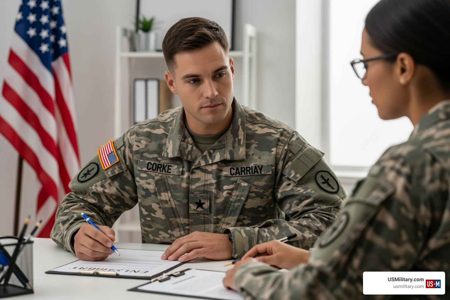 U.S. soldier reviewing an enlistment contract - Military enlistment bonus