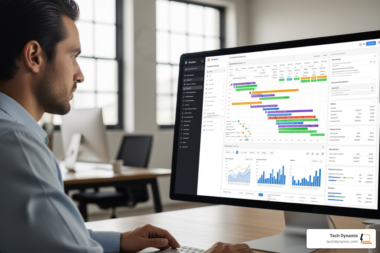 A project manager looking at a complex dashboard with Gantt charts and resource filters - IT project management