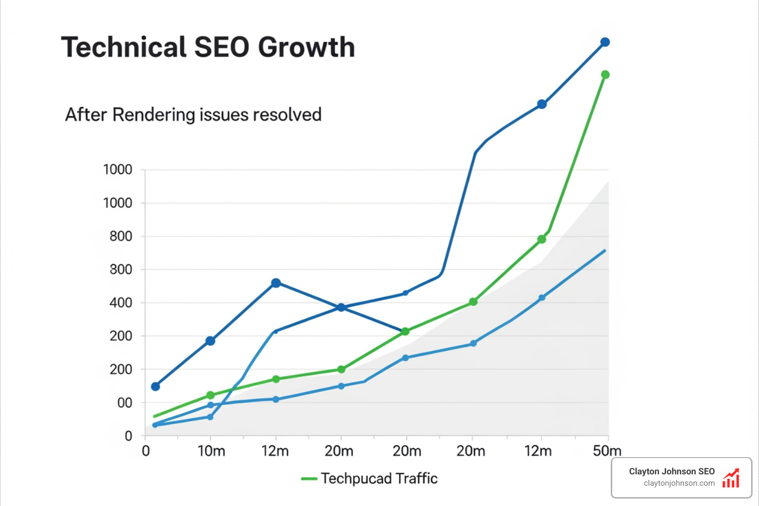 Technical SEO growth chart showing compounding traffic after fixing rendering issues - javascript seo audit