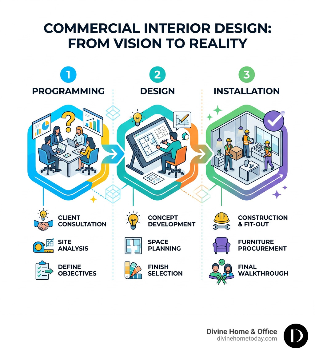 Commercial interior design process lifecycle infographic showing programming, design, and installation - commercial interior Commercial interior design process lifecycle infographic showing programming, design, and installation - commercial interior