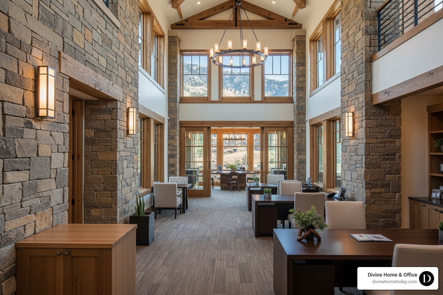 A completed luxury commercial project by Divine Home Today featuring stone walls and timber beams - commercial interior A completed luxury commercial project by Divine Home Today featuring stone walls and timber beams - commercial interior
