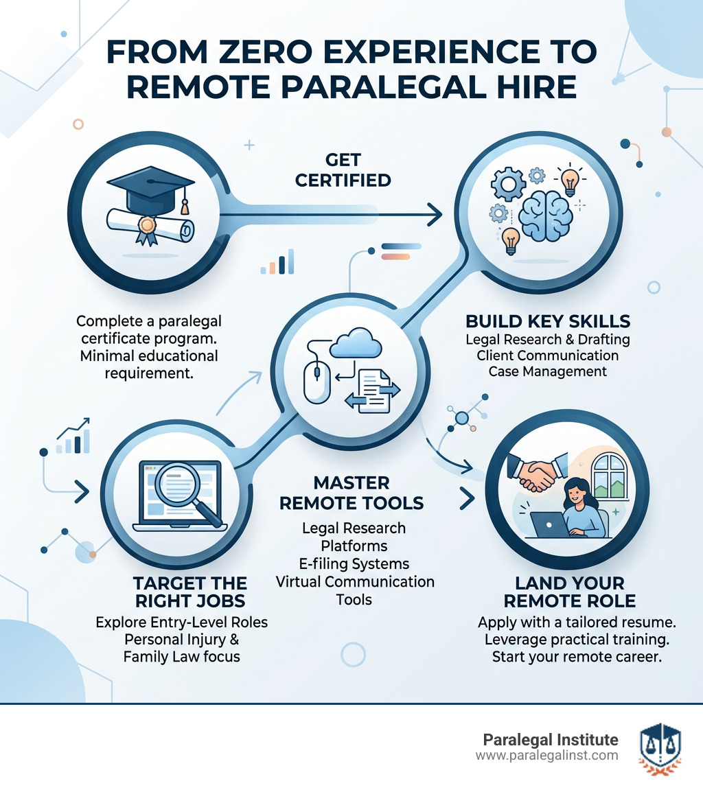 Infographic: Step-by-step path from zero experience to remote paralegal hire, including certificate, skills, tools, and job