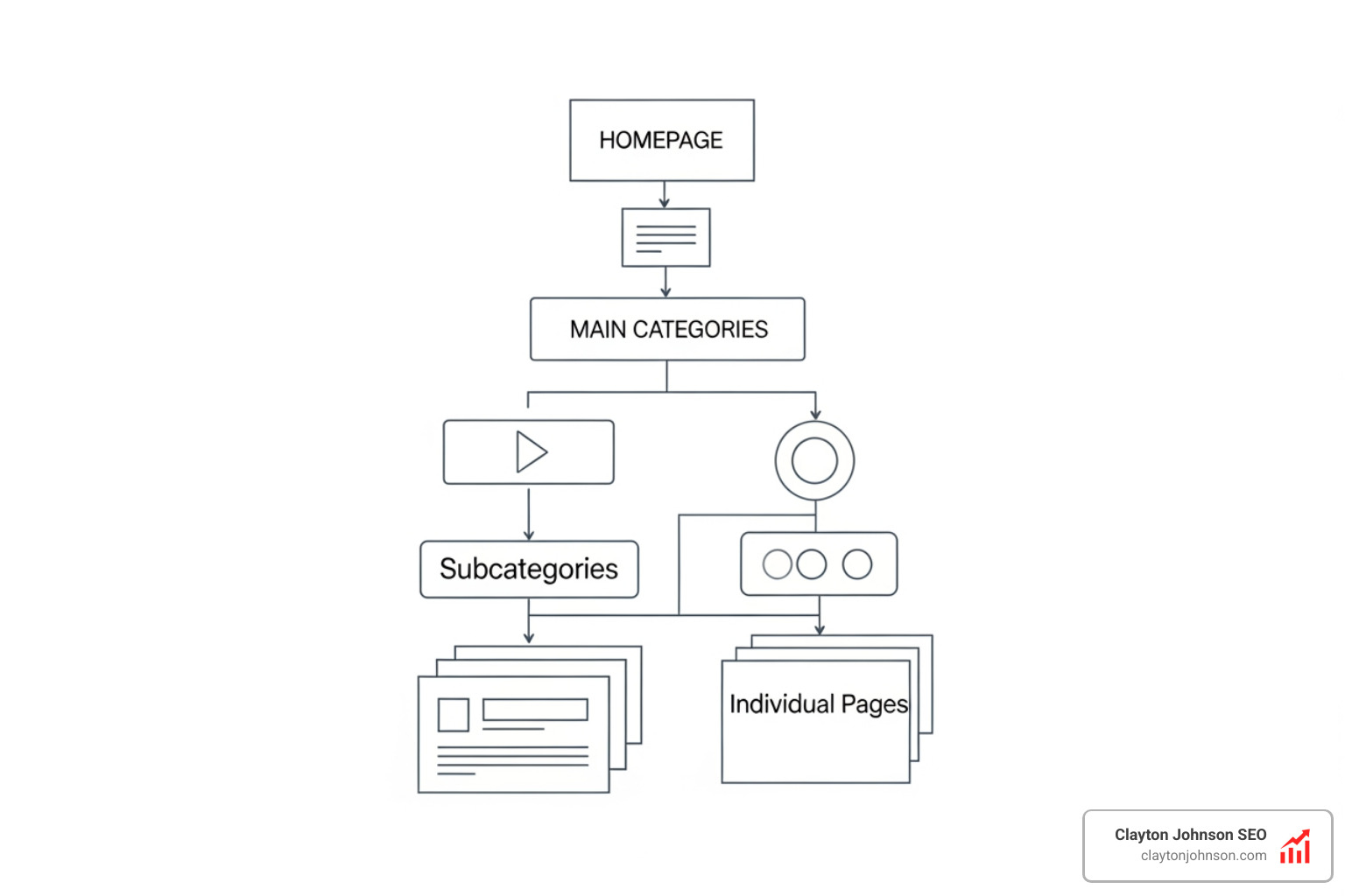 site hierarchy map showing homepage, categories, subcategories, and individual pages - content architecture seo technical