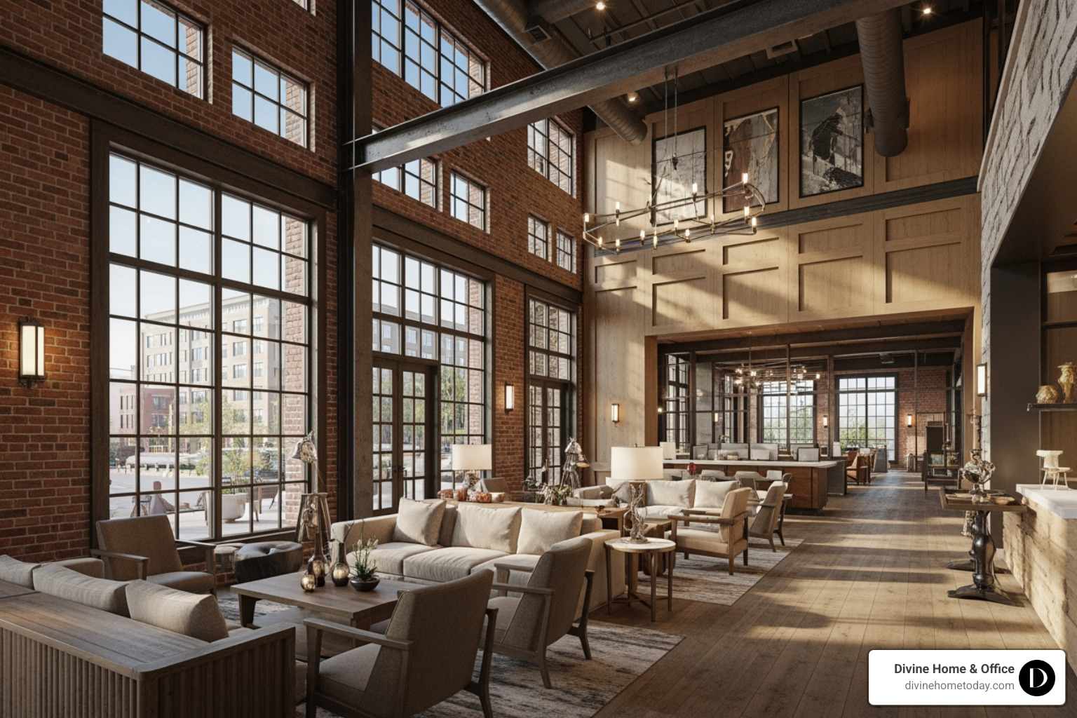 Luxury hotel lobby in RiNo featuring industrial elements and warm mountain materials - commercial interior design firms Luxury hotel lobby in RiNo featuring industrial elements and warm mountain materials - commercial interior design firms