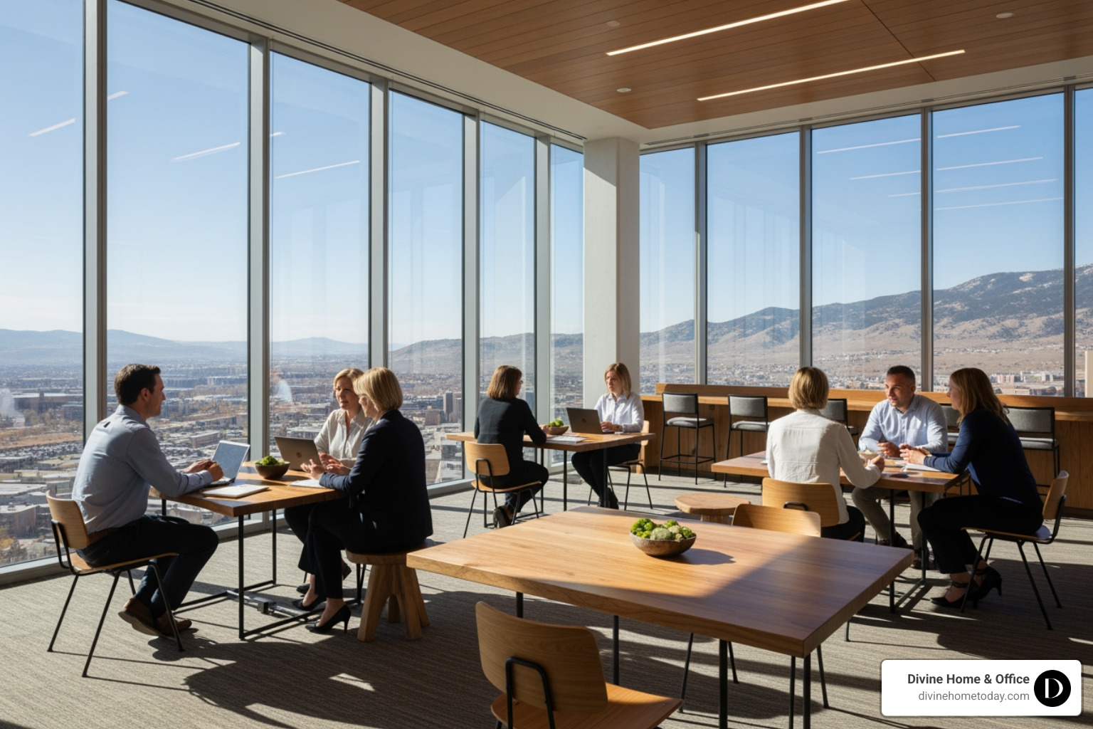 Collaborative workspace in a Denver luxury building featuring natural wood and bright lighting - commercial interior design Collaborative workspace in a Denver luxury building featuring natural wood and bright lighting - commercial interior design