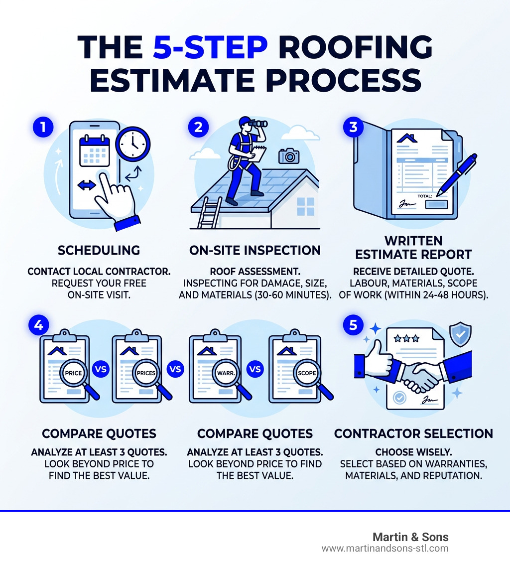 5-step roofing estimate process infographic showing scheduling, inspection, report, comparison, and contractor selection 5-step roofing estimate process infographic showing scheduling, inspection, report, comparison, and contractor selection