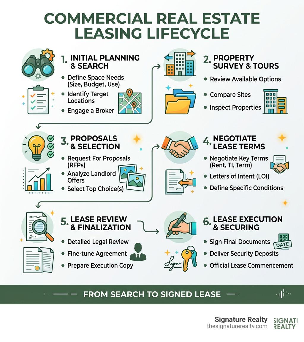 Commercial real estate leasing lifecycle infographic from search to signed lease - commercial real estate broker infographic Commercial real estate leasing lifecycle infographic from search to signed lease - commercial real estate broker infographic