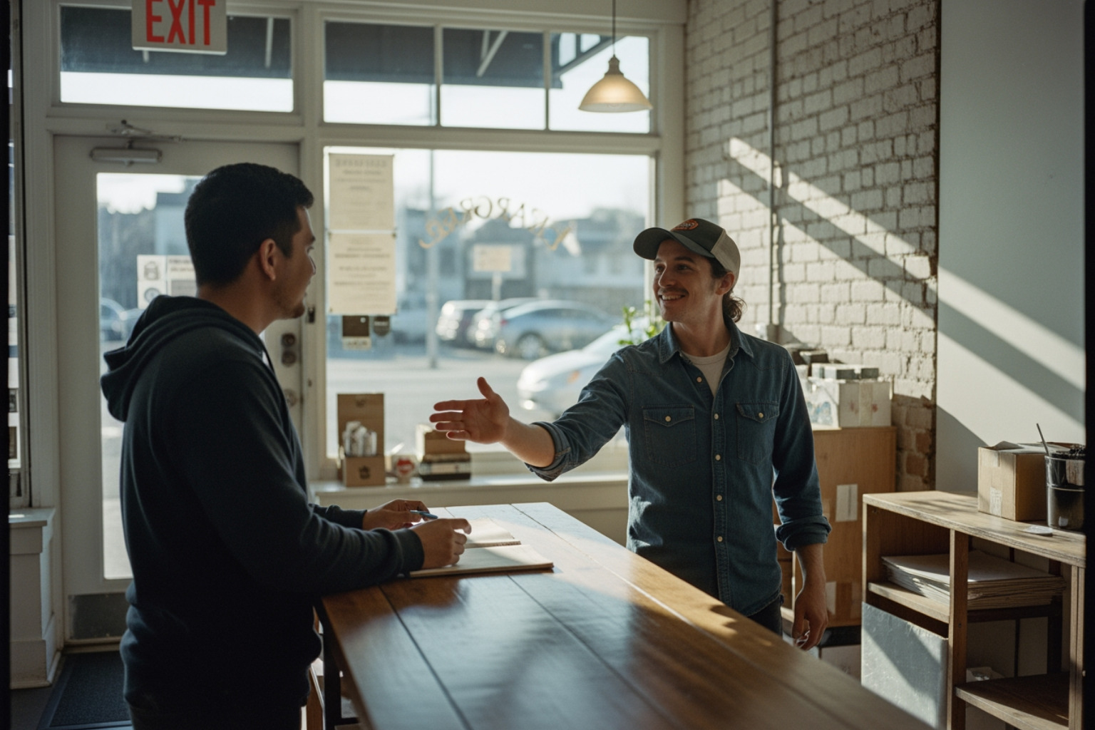 local business owner greeting a customer in a sunlit shop - social media strategy small business