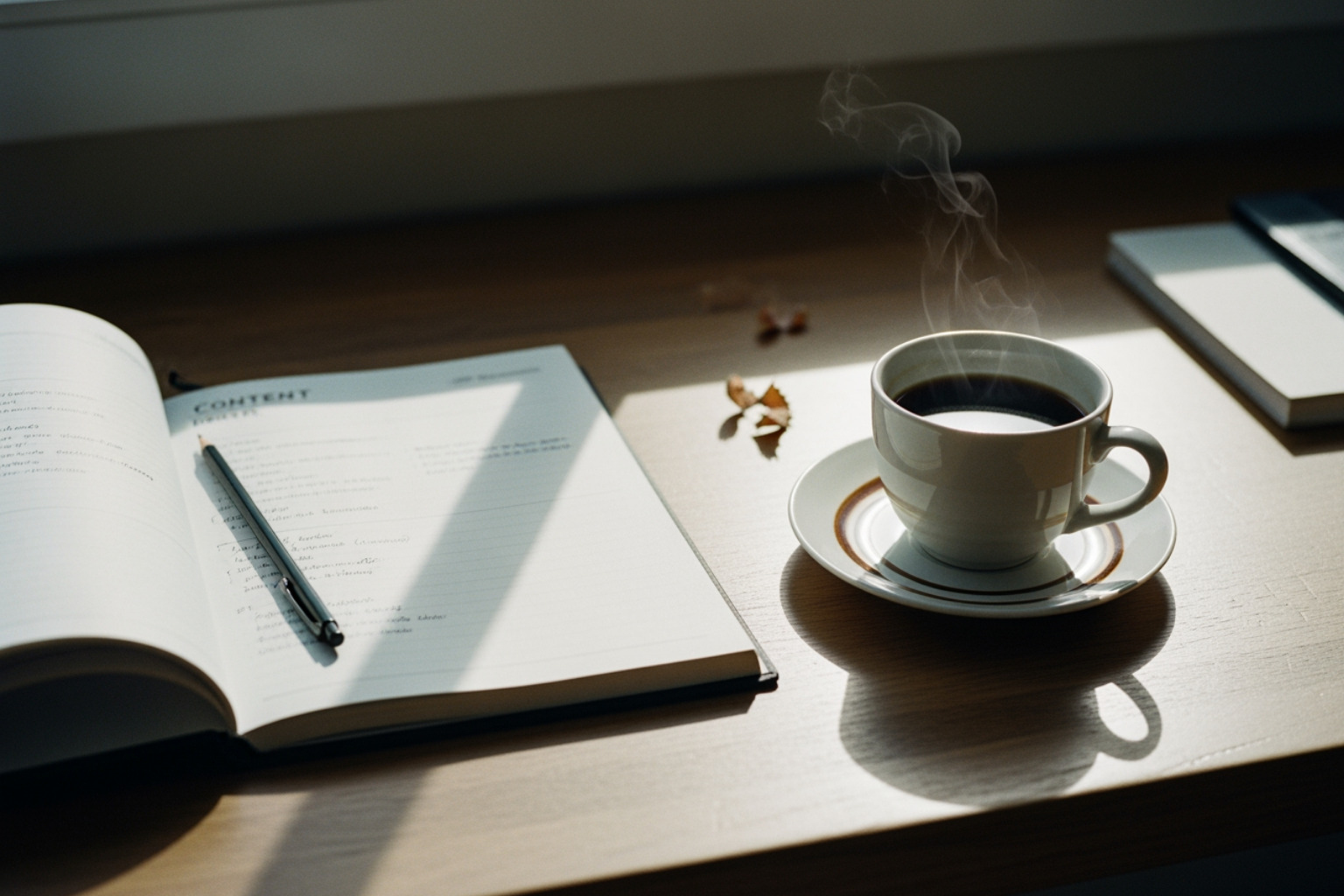 organized wooden desk with a paper content planner and a cup of coffee - social media strategy small business