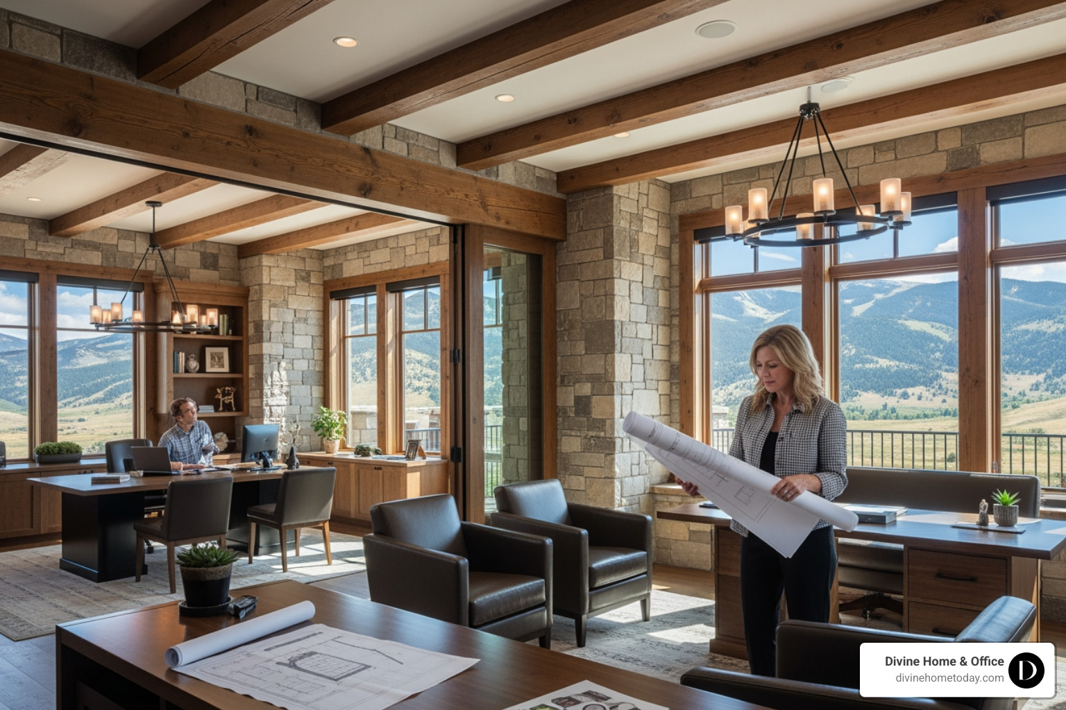 Denver interior designer reviewing blueprints for a luxury mountain-style office - commercial interior design firms denver Denver interior designer reviewing blueprints for a luxury mountain-style office - commercial interior design firms denver
