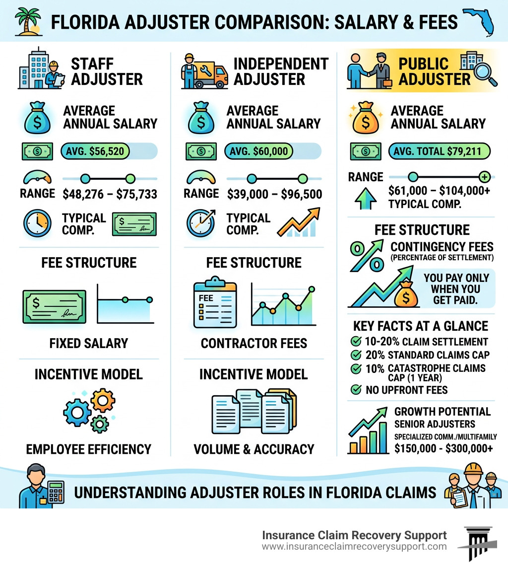 Infographic comparing staff, independent, and public adjuster salaries and fee structures in Florida - how much does a Infographic comparing staff, independent, and public adjuster salaries and fee structures in Florida - how much does a