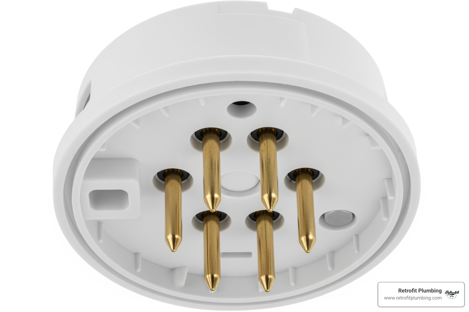 Close up of sensor probes on the bottom of a water leak detector - bathroom leakage detector