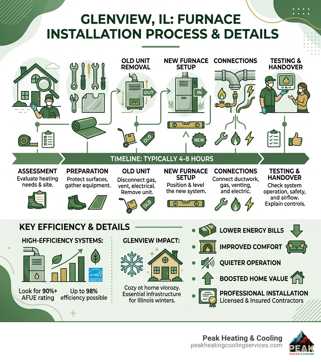 Infographic showing furnace installation process steps for Glenview IL homeowners with efficiency and timeline details