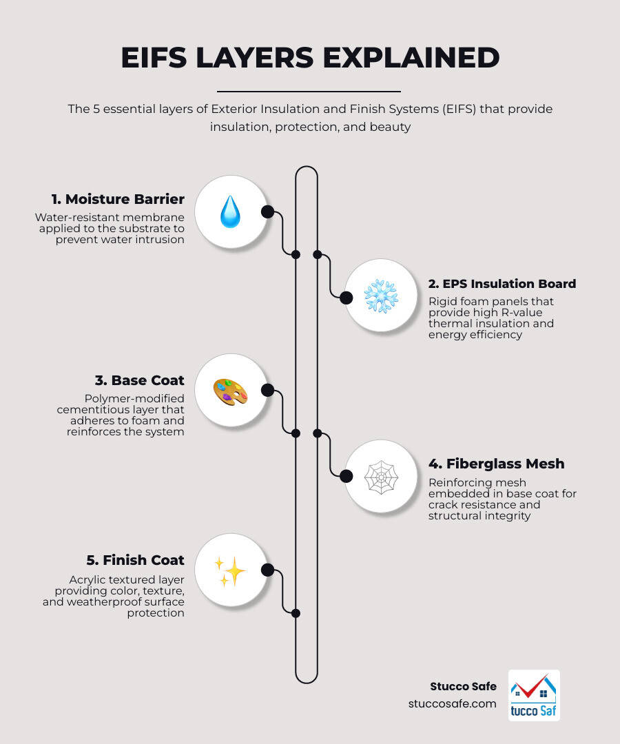 EIFS layers diagram showing moisture barrier, EPS board, base coat, mesh, and finish coat - eifs stucco repair infographic EIFS layers diagram showing moisture barrier, EPS board, base coat, mesh, and finish coat - eifs stucco repair infographic