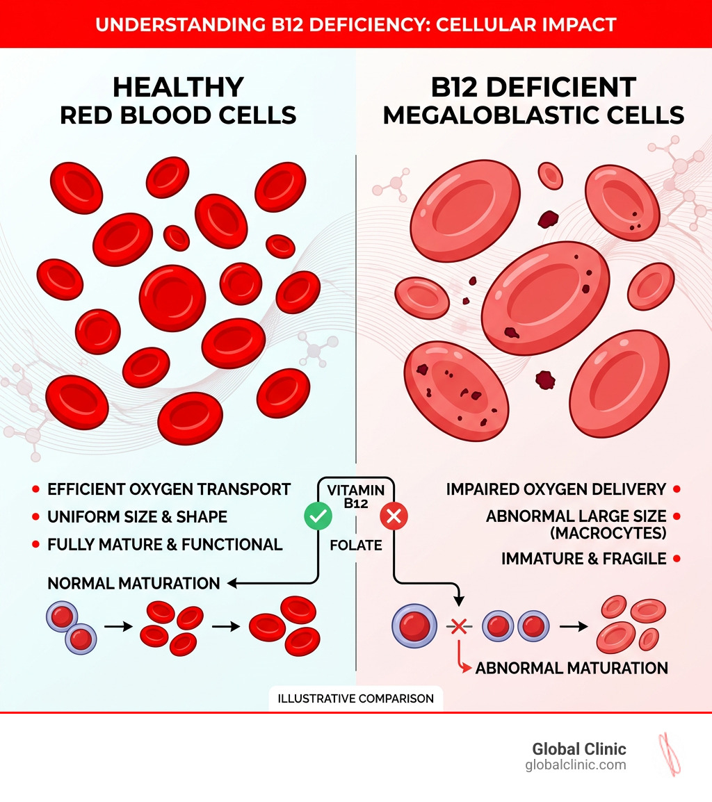 Comparison of healthy red blood cells vs. B12 deficient megaloblastic cells - b12 iv infusion infographic Comparison of healthy red blood cells vs. B12 deficient megaloblastic cells - b12 iv infusion infographic